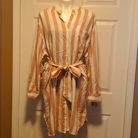 NWT A New Day Women's Linen Blend Peach/White Long Sleeve Shirt Dress - XXL - Picture 1 of 7